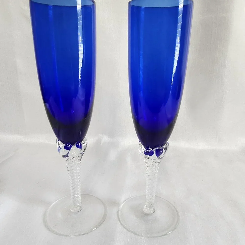 Elegant Blue Crystal Champagne Flutes With Clear Textured Stems Set Of 4 8.5